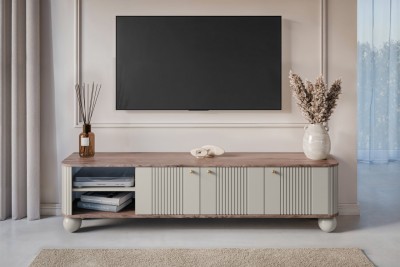 TV omarica VESPER, 187 cm, z odprtim delom, okrogle noge, kašmir/oreh