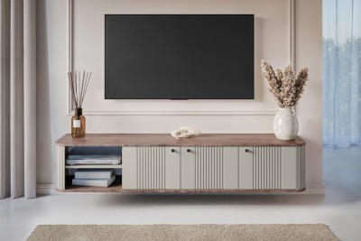 Viseča TV omarica VESPER, 187 cm, z odprtim delom, kašmir/oreh