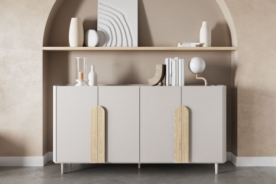 Komoda AMILIO, 200 cm, kašmir/oljen hrast, svetli hrast ročaji in kašmir noge