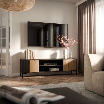 TV omara MERCI, 180 cm, z možnostjo kamina, črna/artisan hrast