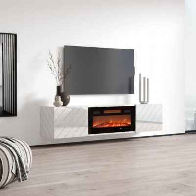 Viseča TV omarica LUXE EF z elektičnim kaminom, 182 cm, sijaj bela