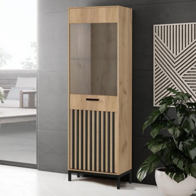 Visoka vitrina LAMINO W-1, craft hrast/črna