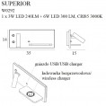 Stenska LED svetilka SUPERIOR W0292, USB in brezžični polnilec, črna